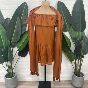erika peña Rita Sahara off the shoulder dress in brown sienna